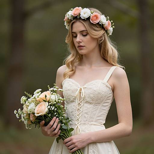 Blonde Woman in Lace Corset in Woodland