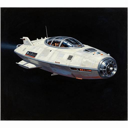 Photorealistic CGI of a sleek, white, futuristic spaceship with a glass cockpit, jet-like nose, and small wings, flying against a black space