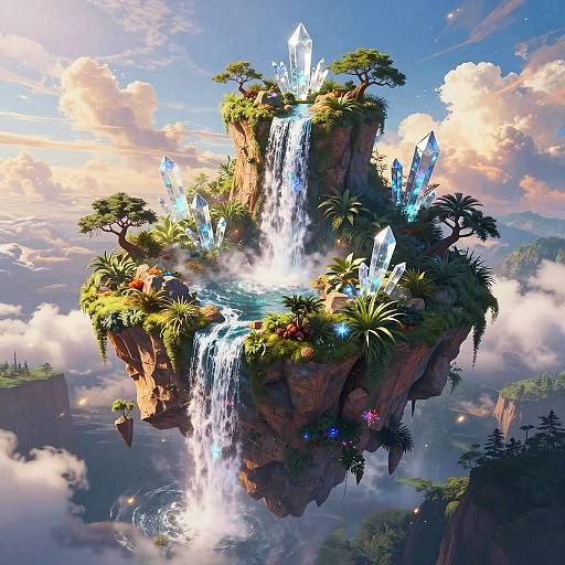 Fantastical floating island with cascading waterfalls, glowing crystals, lush greenery, and towering trees, set against a vibrant, cloudy sky.