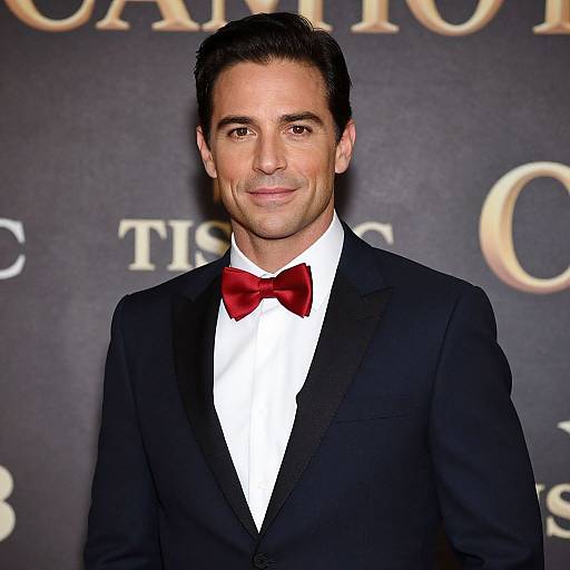 Photograph of a handsome man with dark hair, wearing a black tuxedo and red bow tie, smiling against a dark, gold-lettered background