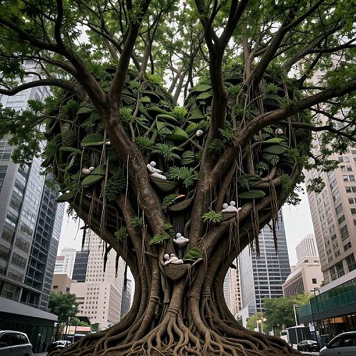 Photograph of a massive, twisted tree with hanging vines and small white birds in an urban cityscape, surrounded by tall skyscrapers.