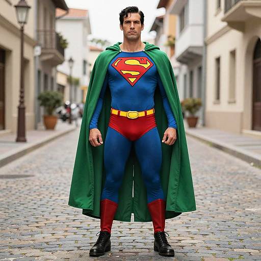 Man in Green Cape on Cobblestone