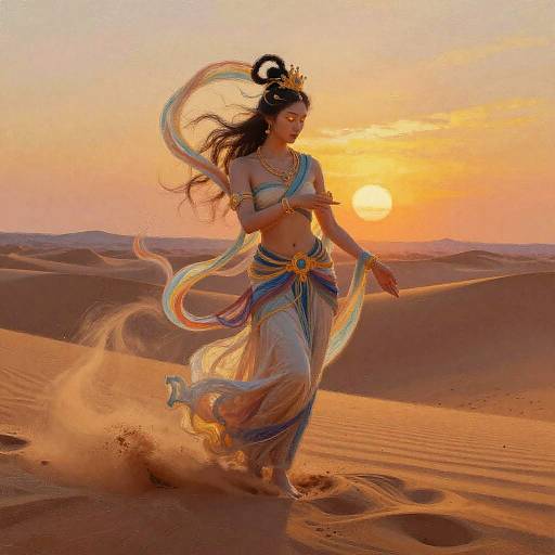 Photograph of a graceful Indian woman in traditional dance attire, adorned with jewelry, flowing fabric, and a headdress, dancing in a golden desert at