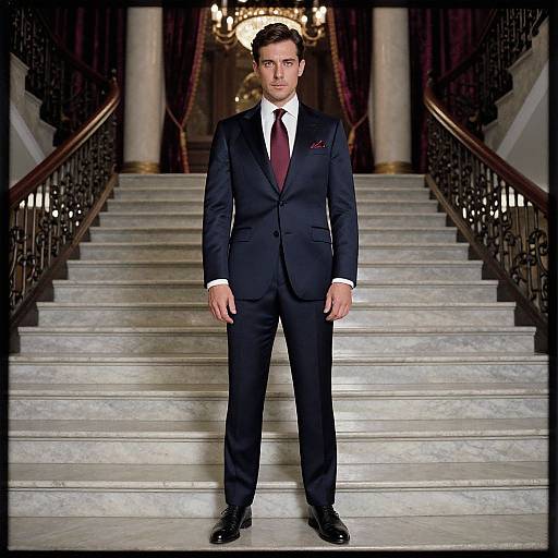 Photograph of a handsome young man in a dark navy suit, white shirt, and maroon tie, standing on marble stairs in an elegant, grand