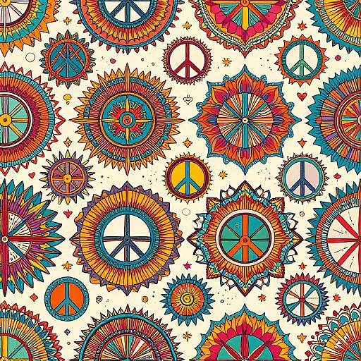 Colorful, psychedelic pattern of intricate, circular sunflower-like designs with peace signs, vibrant hues, and starbursts on a white background. Digital
