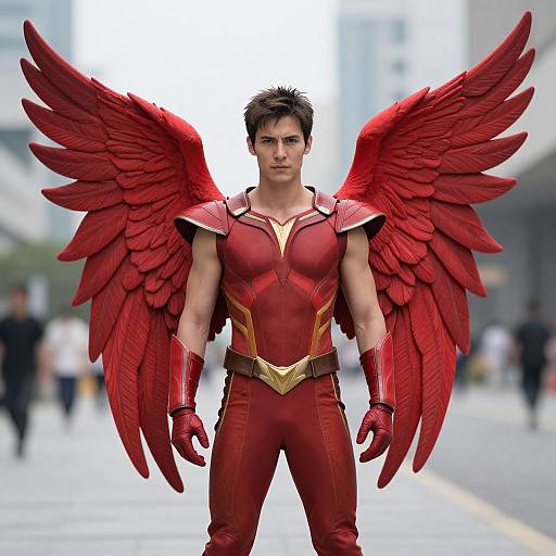 Photorealistic CGI of a muscular man with red wings and suit, standing on a city street, with blurred background.