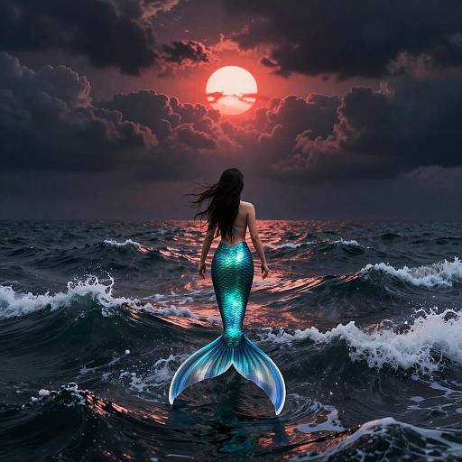 Mermaid Swimming at Sunset in Stormy Sea