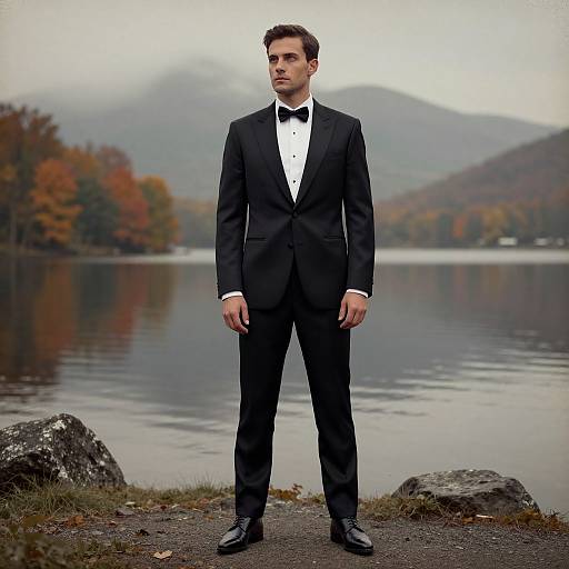 Photograph of a young man in a black tuxedo with a bow tie standing by a serene lake, surrounded by autumn foliage and misty mountains