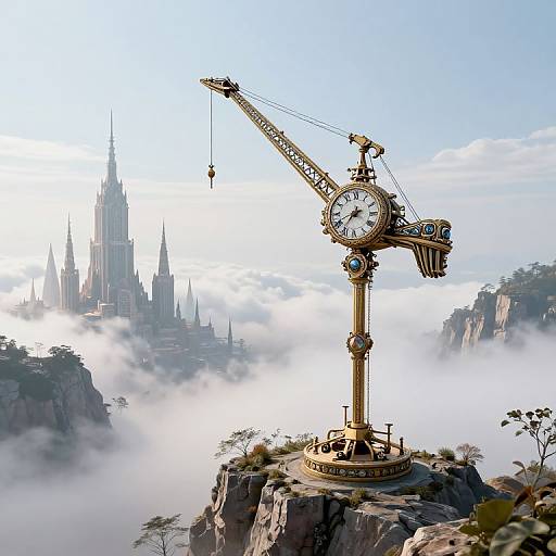 Majestic Clockwork Crane Over Misty City