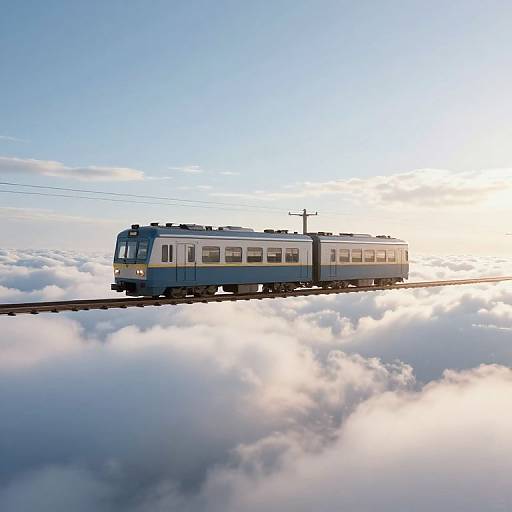 Photograph of a blue and white train floating above a sea of fluffy clouds, with a bright sun in the clear blue sky.