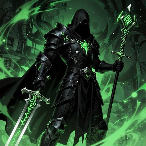 Mysterious, armored warrior in dark hood, glowing green runes, holding glowing sword and staff, surrounded by green energy, futuristic, digital art.