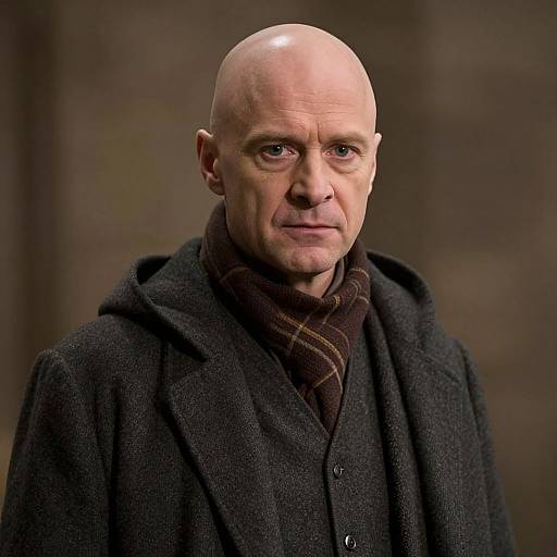 Photograph of a bald, middle-aged man with pale skin, wearing a dark wool coat and brown plaid scarf, looking serious against a blurred,