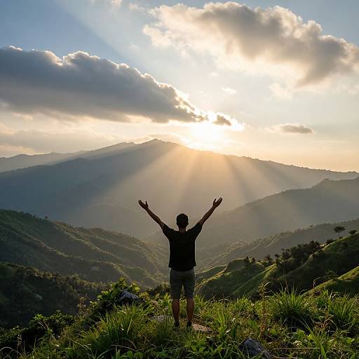 Silhouetted hiker with arms raised, standing on grassy mountain peak, sun rays piercing through clouds, illuminating layered hills in vibrant,