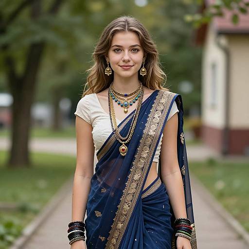 Photograph of a young woman with wavy brown hair, wearing a navy blue sari with gold embroidery, white blouse, multiple necklaces, earrings