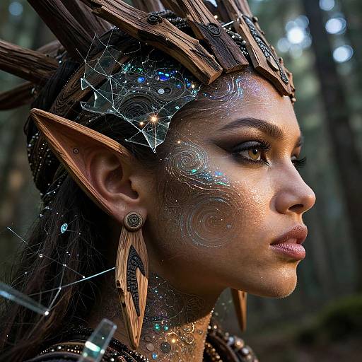 CGI fantasy portrait of a female elf with golden-brown skin, pointed ears, intricate glowing facial patterns, and a wooden crown adorned with crystals,