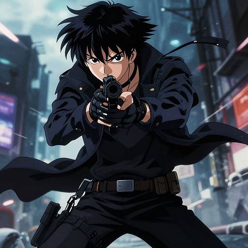 Anime-style digital artwork of a black-haired, intense male gunner in a dark coat, aiming a handgun in a neon-lit, rainy urban night