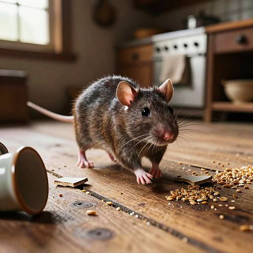 Photorealistic Rat Fleeing Rustic Kitchen