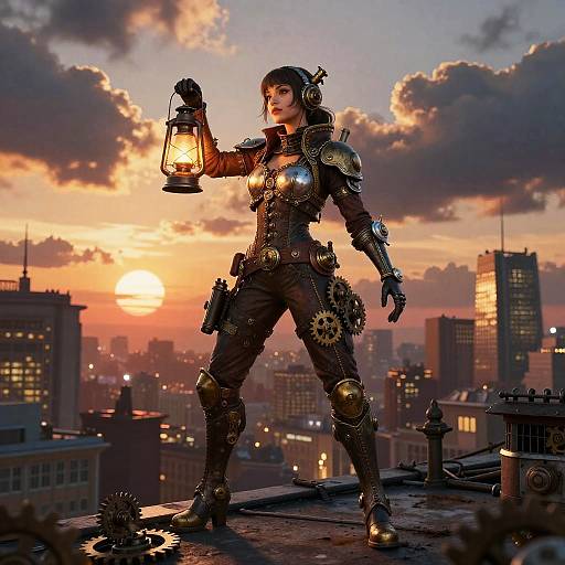 Digital art of a steampunk warrior woman with metallic armor, holding a lantern, standing on a rooftop at sunset, cityscape background.