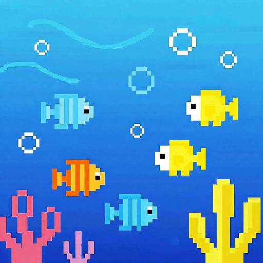 Pixel art of colorful fish swimming in blue ocean: orange, blue, yellow, and white fish with bubbles against coral background.