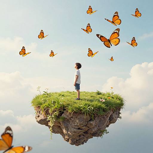 Photograph of a young boy in white shirt and blue shorts, standing on a grassy floating rock, surrounded by orange butterflies against a bright blue sky