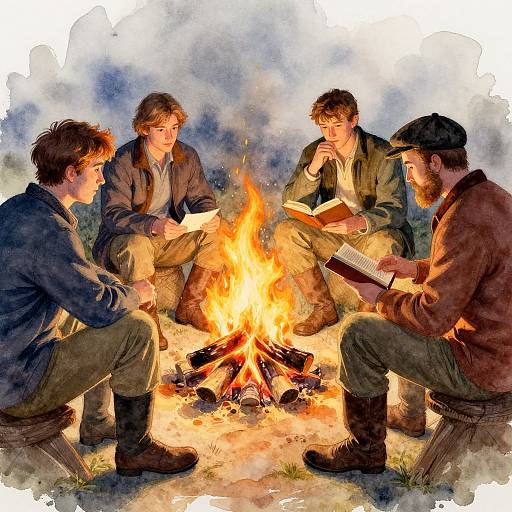 Four men with varying beards and hair, sitting around a campfire, reading books, in a watercolor-style painting.