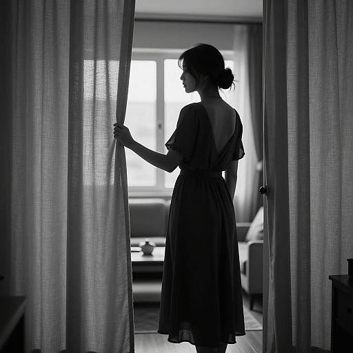 Silhouetted Woman in Dark Dress Holding Curtains
