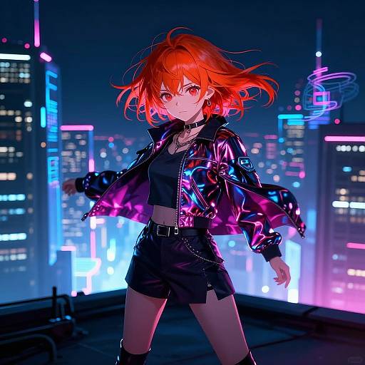 Digital anime-style artwork of a red-haired girl with glowing eyes, wearing a black jacket and shorts, standing in a neon-lit cityscape at night