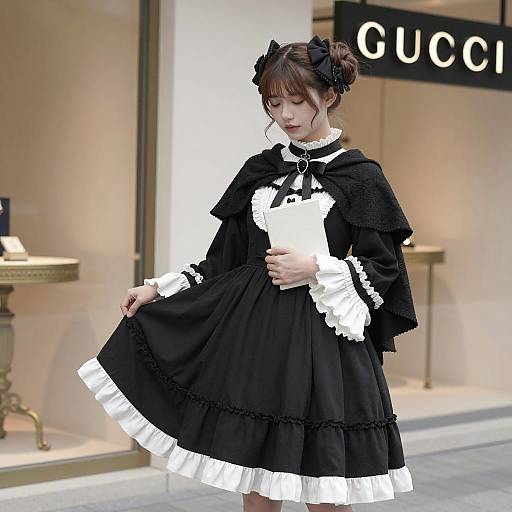 Young Woman in Gothic Lolita Dress Outside Gucci Store