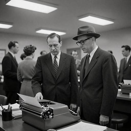 1950s Crowded Office Black-and-White Photo