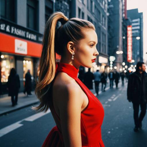 Woman in Red Evening Gown with High Ponytail in City Street