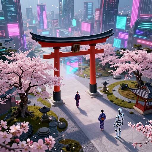 Digital artwork of a vibrant, neon-lit cityscape featuring a traditional red torii gate surrounded by cherry blossom trees and three people, including a white