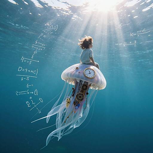 Photograph of a woman with curly hair, wearing a white shirt, floating underwater on a jellyfish-shaped inflatable with mathematical equations, surrounded by sunlight beams