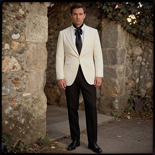Photograph of a handsome man in a white blazer, black shirt, tie, and pants, standing against a stone wall with ivy.