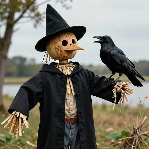 Scarecrow with Raven in Field