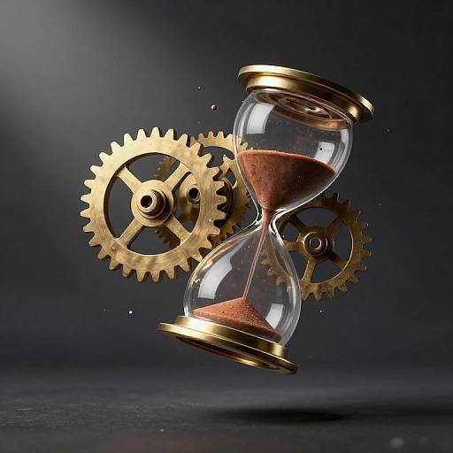 Digital artwork of a gold-rimmed hourglass with gears, showing sand flowing, set against a dark, gradient background.
