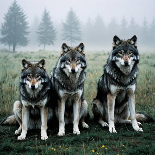 Three Grey Wolves Sitting in Misty Meadow