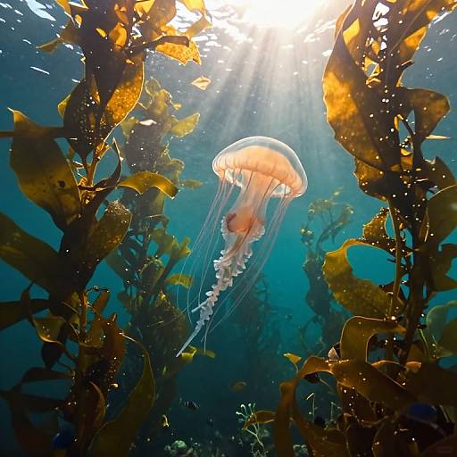Photograph of a glowing orange jellyfish with translucent tentacles, surrounded by golden-brown seaweed, beneath bright sunlight filtering through the water.