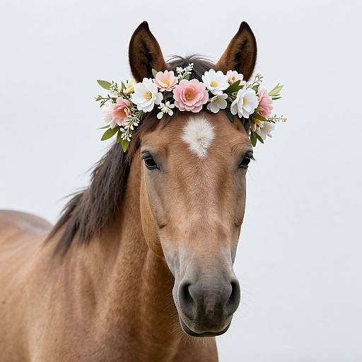 Photograph of a brown horse with a white blaze on its face, wearing a pink and white flower crown, against a plain white background.