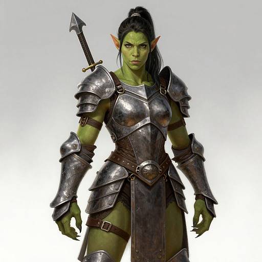 Digital illustration of a green-skinned, elf-like warrior woman with black hair in a ponytail, wearing silver armor, holding a sword on her back