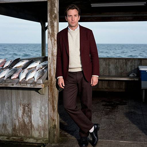 Photograph of a serious-looking man in a dark blazer, white sweater, and black pants, leaning against a fish market stall with fresh fish,