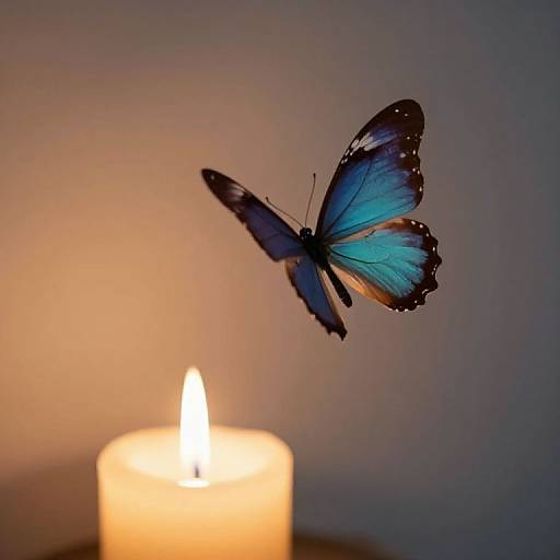 Photograph of a blue butterfly with black edges, illuminated by a soft, glowing candlelight against a blurred, warm-toned background.