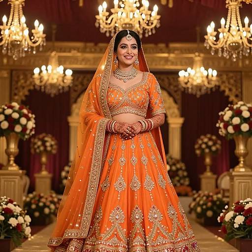Photograph of a smiling Indian bride in an orange, gold-embroidered lehenga and veil, standing in a luxurious, chandelier-lit