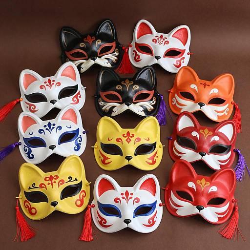 Vibrant Fox Masks Display on Brown Surface