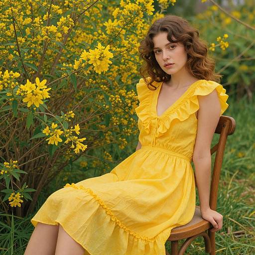 Photograph of a young woman with curly brown hair, wearing a bright yellow dress, sitting on a wooden chair amidst lush greenery and vibrant yellow flowers