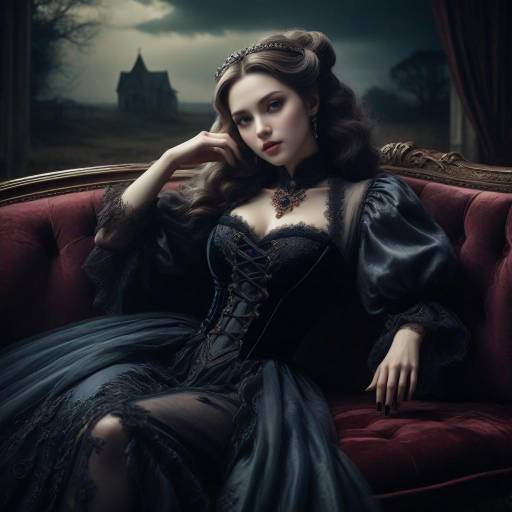 Seductive Vampire Princess on Velvet Sofa