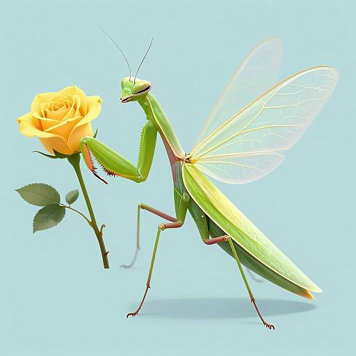 Digital illustration of a green praying mantis delicately holding a yellow rose with delicate green leaves against a light blue background.