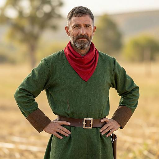 Photograph of a middle-aged man with a graying beard, green medieval-style tunic, red scarf, brown belt, standing confidently outdoors.