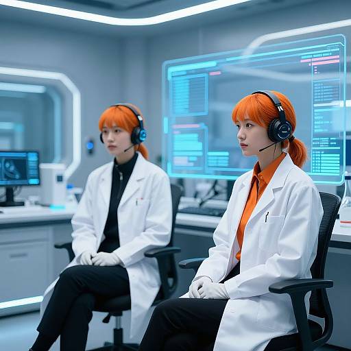 Digital photograph of two Asian women with orange hair, wearing white lab coats and black headsets, seated in a futuristic, blue-lit control room with