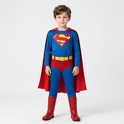 Photograph of a young boy with short brown hair, wearing a Superman costume with blue shirt, red cape, red pants, yellow belt, and red