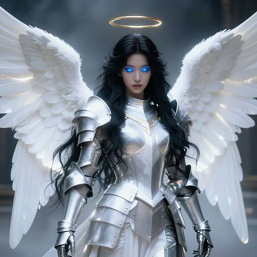 Digital art of a celestial angel with glowing blue eyes, long black hair, silver armor, white wings, and a golden halo.